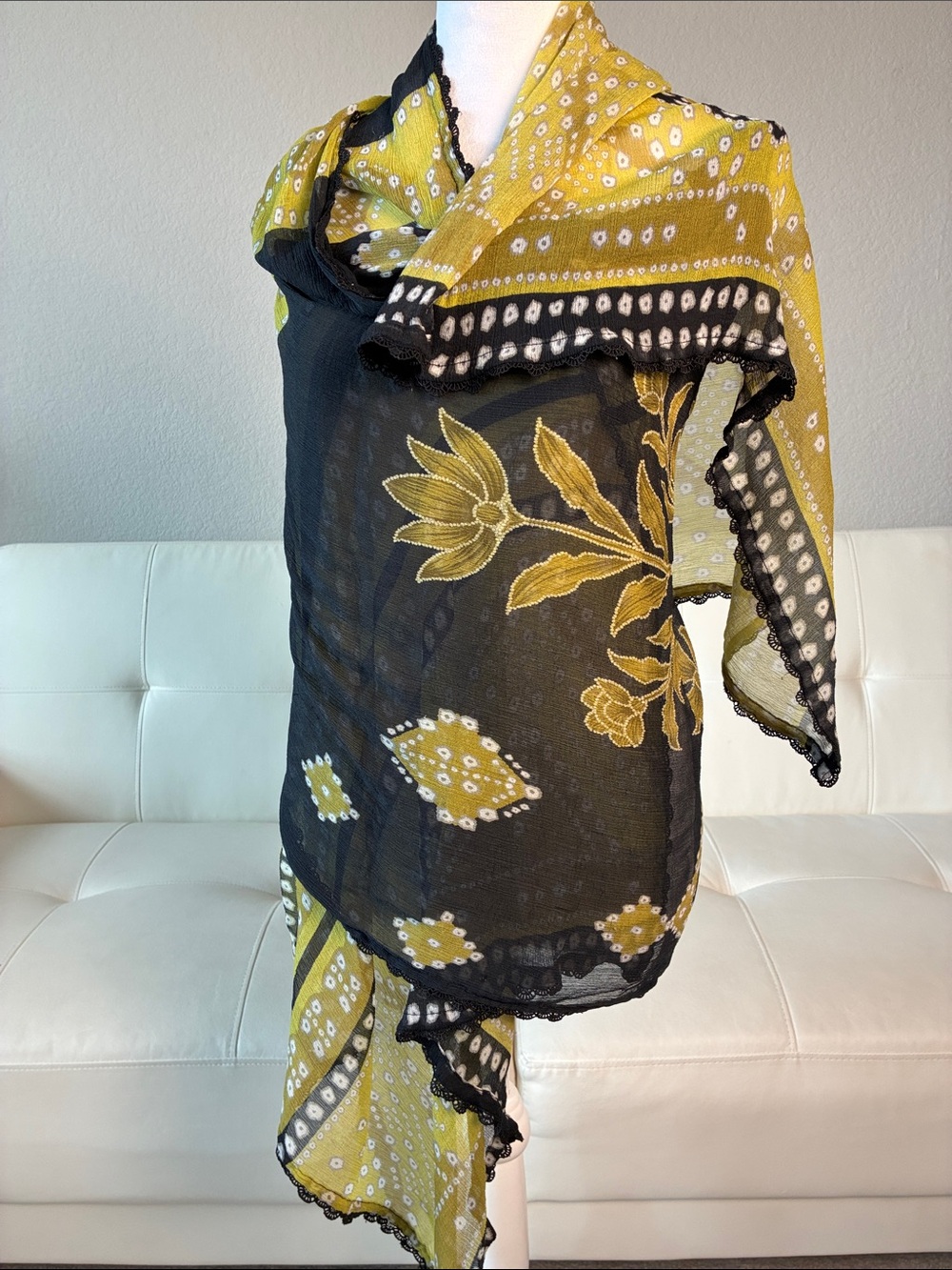 Mustard Yellow and Black Floral Sheer Wrap Scarf - Unbranded